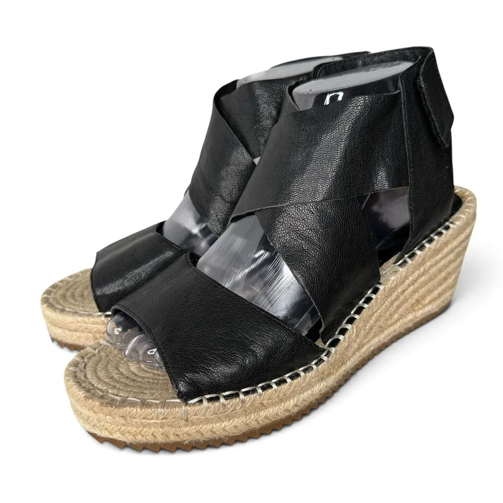 New Eileen Fisher 9.5 Willow Platform Wedge Espadrille Sandals Tumbled Leather
